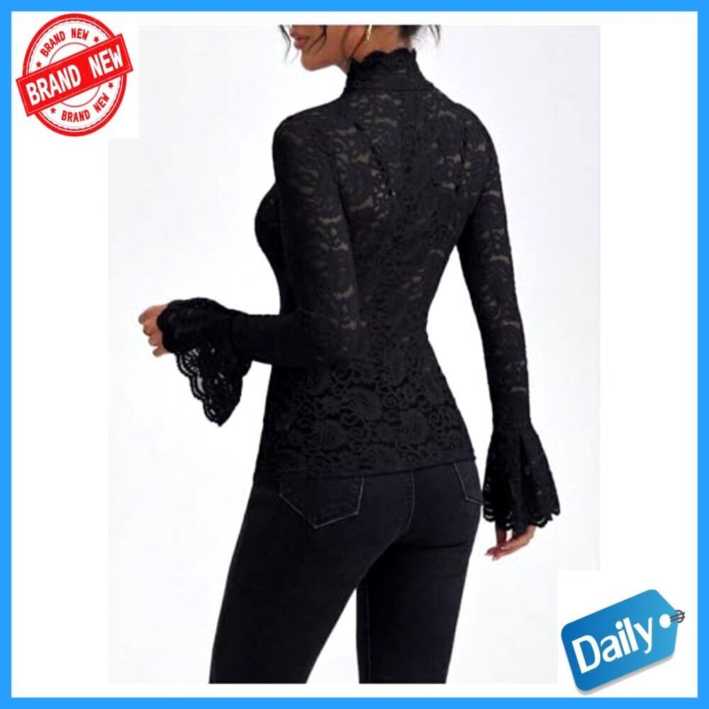 Sheer Lace Bell Sleeve Mock Neck Layering Top Long Sleeve Undershirt - Picture 2 of 6